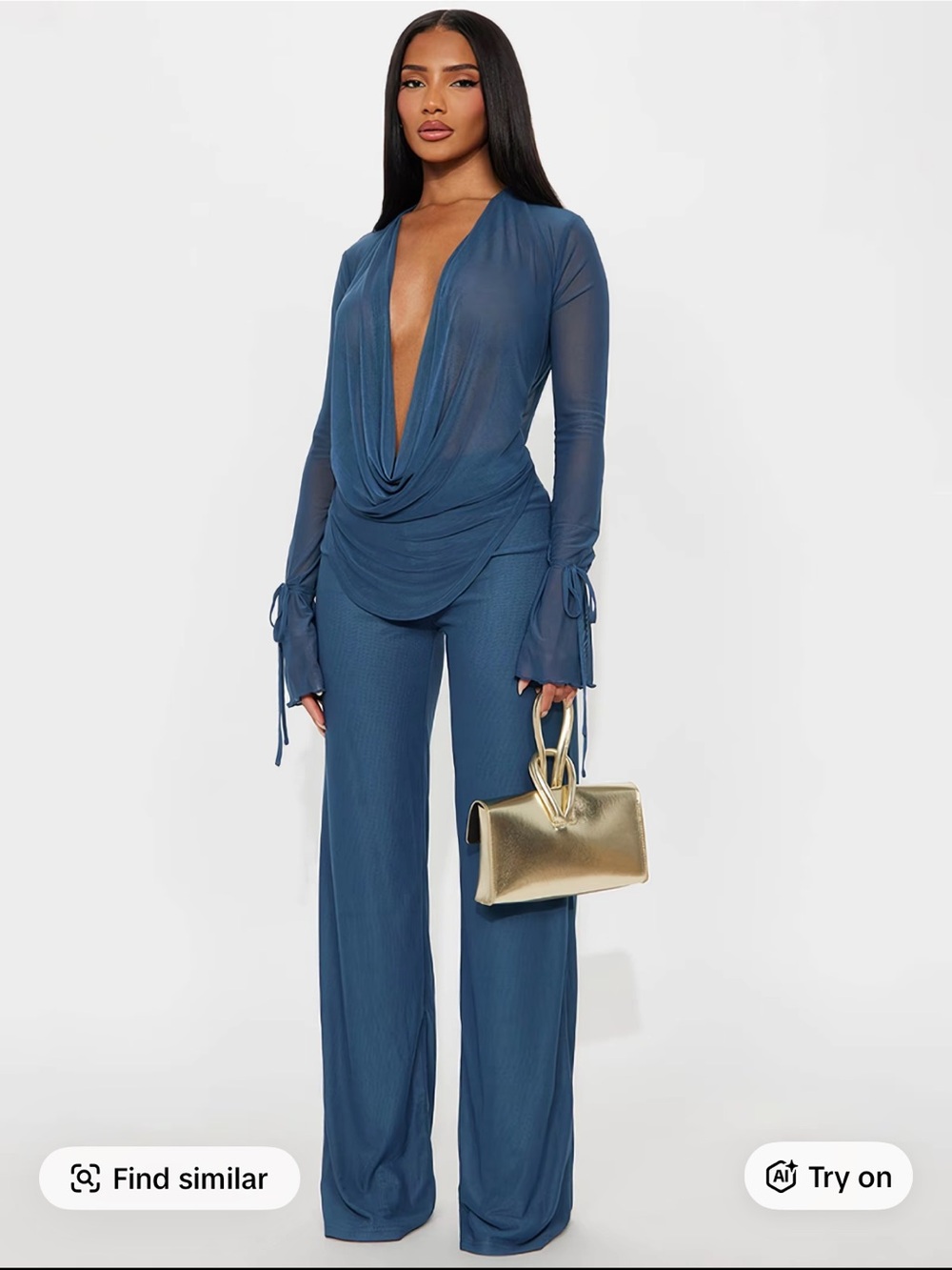 Deep Blue Draped Pants Set with Wide Leg